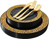 Service de vaisselle jetable en plastique noir et or à bord creux, assiettes rigides en PS, tasses et couverts pour mariage, fête, banquet
