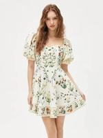 Robe mini A-line verte à fleurs A12338 avec col carré, style coréen, vêtements décontractés pour femmes, vêtements pour dames