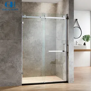 Hotel Bathroom Glass Shower Cubicle Sliding Enclosed Shower Room With Square Pipe Wheels