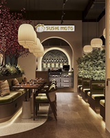 Ensemble de meubles de restaurant et café au design intérieur moderne : banquettes, tables en bois et chaises en rotin