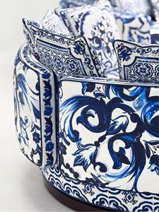 Divano Sezionale di Lusso Imbottito in Spugna, Tessuto con Motivo Porcellana Blu e Bianca, Ecologico, Moderno e Artistico per <span class=keywords><strong>Soggiorno</strong></span> di Villa - Product Image 5