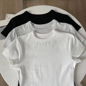 T-shirt da donna a girocollo a maniche corte in cotone estivo taglia XS/XL a tinta unita con stampa aderente a maglia - Product Image 4