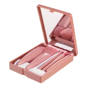 Set di pennelli per trucco Mini specchio rosa portatile da viaggio con etichetta privata all'ingrosso 5 pezzi con specchio