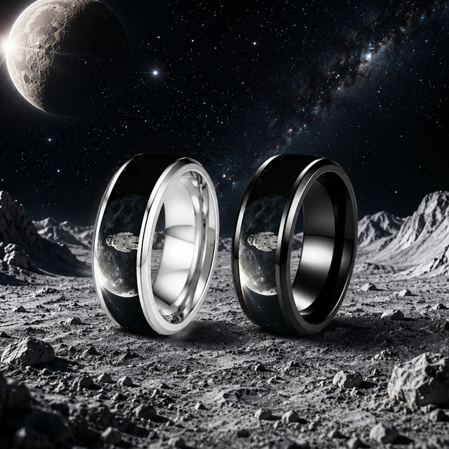 Stainless Steel Starry Astronaut Moon Landing Ring for Men, Wide Plain Band Sci-Fi Niche Gift Wholesale