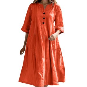 <span class=keywords><strong>Vestido</strong></span> de Mujer 2025 de Algodón y Lino con Cuello en V, Botones, <span class=keywords><strong>Media</strong></span> <span class=keywords><strong>Manga</strong></span>, Alta Calidad, Talla Grande, Holgado, con Bolsillos, Informal y Moderno - Product Image 2