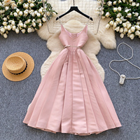Robe élégante pour femmes en satin rose, coupe trapèze, avec ceinture à strass, plissée, longue, décontractée, pour les fêtes, à porter au quotidien, robes décontractées