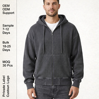 Sweat à capuche zippé pour homme, de luxe, vintage, streetwear, coupe ample, gris anthracite délavé, en coton épais tricoté gaufré
