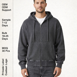 เสื้อฮู้ดดี้ผู้ชายสไตล์วินเทจสุดหรูทรงบ็อกซี่ <span class=keywords><strong>สี</strong></span><span class=keywords><strong>เทา</strong></span>ชาร์โคล ผ้าคอตตอนเนื้อหนัก ทอลายวาฟเฟิล ซิปยาวเต็มตัว - Product Image 1