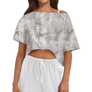 FOXA Camiseta corta con hombros descubiertos para mujer, camiseta deportiva de manga corta con cuello barco, camiseta holgada transpirable de verano - Product Image 1