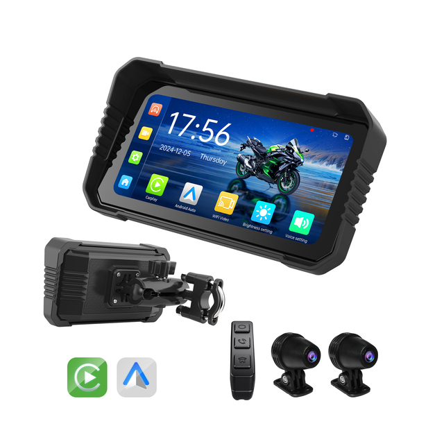 Waterproof 6.25 Inch Motorcycle Portable Wireless CarPlay Android Auto Navigation GPS AHD 1080P Front Rear Dual Recorder Camera