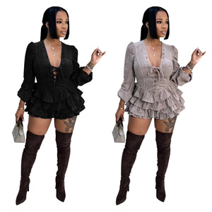 STOCK Dos colores con cuello en V Ojales Correas Vestido de <span class=keywords><strong>mujer</strong></span> Volantes Manga larga Mini vestido Tallas grandes Ropa Con parte inferior - Product Image 1