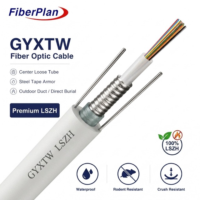 LSZH Sheath Flame Retardant Outdoor GYXTW Optical Cable Single Mode G652D Eco-Friendly Armored Fiber Optic Cable