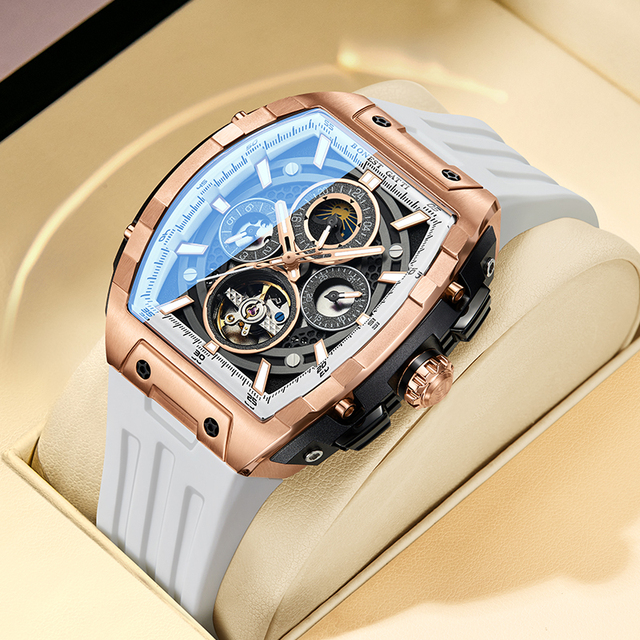 Bonest Gatti Automatic Mechanical Chronograph Watch 24 Hour Sub Dial Week Date Display Flywheel 316L Steel Black Gold ToneBG5005