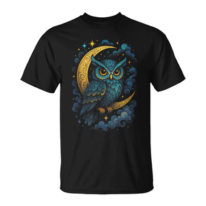 Camiseta colorida mística cósmica con diseño de búho, luna, estrellas y noche - Product Image 2