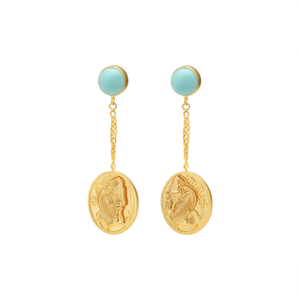 Fine Dangle <b>Earrings</b> PVD Gold Plated 316L Stainless Steel <b>Turquoise</b> Bead Coin Pendant Drop <b>Studs</b> - Product Image 2