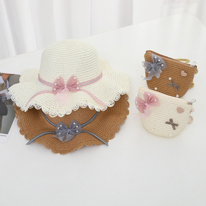 Ensemble 2 pièces <span class=keywords><strong>Chapeau</strong></span> <span class=keywords><strong>de</strong></span> <span class=keywords><strong>paille</strong></span> et sac à main Summer Girl Children New Flower Bowknot Beach Cap Straw Hat Panama Kid Baby Girl Sun Hat - Product Image 4
