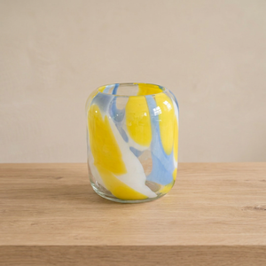 Vase en verre soufflé à la main transparent, abstrait bleu et jaune, pour table, vase à fleurs moderne décoratif pour salon et mariage - Product Image 1