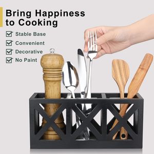 Boîte de rangement pour couverts en bois, rectangulaire, noire, organisateur de cuisine, porte-vaisselle - Product Image 1