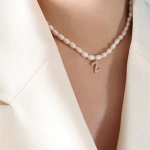 Wholesale Natural Pearl Chain Gold Plated Full Diamond Letter Pendant <b>Necklace</b> - Product Image 3