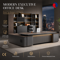 Bureau de direction en forme de L avec bande lumineuse LED sous le bureau, plateau en noyer, gris anthracite, table de bureau moderne pour PDG