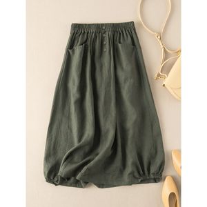 Women's A-line <b>Skirt</b> High Waist <b>Elastic</b> Waist Loose Fit With Pockets Flax Fabric Daily Wear Army Green - Product Image 1