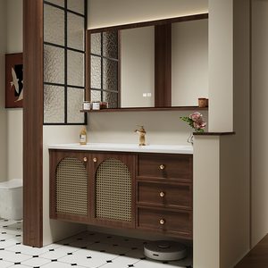 New Smart Walnut Color Bathroom Vanity with Storage Mirror Cabinet Oak Hot-Bent Integrated Basin LED Light - Product Image 3