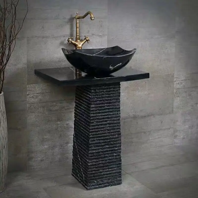 Badezimmer schwarzes Quadrat rundes Granit waschbecken mit stehendem Naturstein sockel becken