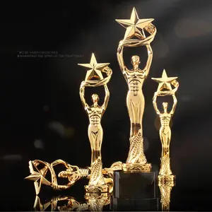 New Gold little man metal award trophy holding metal big star with crystal base