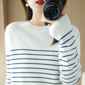 <span class=keywords><strong>Pull</strong></span> en coton tricoté 100% pour <span class=keywords><strong>femme</strong></span>, rayé, col rond, grandes tailles, coupe ample, manches longues, élégant - Product Image 5