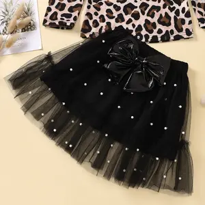 RTS 2023 Fashion Summer Kids Girl Clothes Leopard Shirts With Pearl Skirts Girls Clothing 2pcs Set Girl Sets