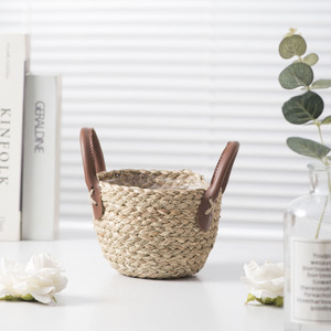 Seaweed Rope Woven <b>Basket</b> With Leather Handles Home Decor Storage <b>Basket</b> <b>For</b> <b>Plants</b> And Fruits - Product Image 1