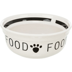 Tazón de cerámica para comida de mascotas de 2.6 L, blanco con diseño de huellas negras para perros y gatos - Product Image 1