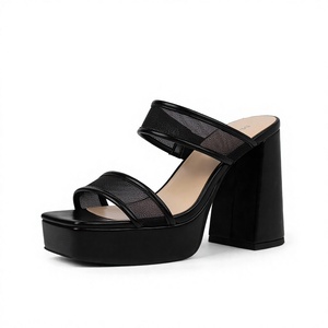 Sandalias de Plataforma Negras de Malla para Mujer, con Dos Tiras, Estilo Mule, Tacón Grueso, Punta Cuadrada, para Verano - Product Image 3