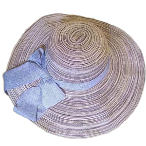 <b>Straw</b> Hat Women Floppy Wide Brim Striped Beach Sun Hat With Blue Ribbon Accessory Adult Size 56-58CM - Product Image 1