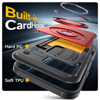 Support magnétique pour voiture 360° °   Étui de téléphone avec support rotatif, cache-caméra coulissant et fente pour cartes, compatible iPhone 17 Pro Max et Samsung S26