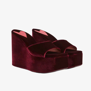 Nuovi Arrivi Estivi: Ciabatte con <span class=keywords><strong>Zeppa</strong></span> e Plateau per Donna, Tacchi Alti, Punta Quadrata, <span class=keywords><strong>in</strong></span> Velluto <span class=keywords><strong>Blu</strong></span> Vino - Product Image 1