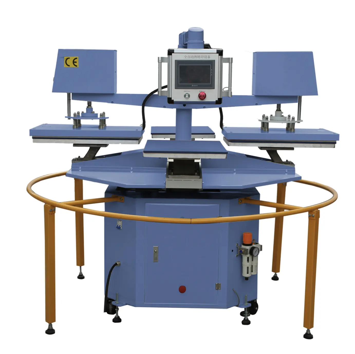 ي رأس مزدوج التلقائي الطباعة بالتكبير الصناعية الدورية أربعة محطة الحرارة الصحافة آلة تي شيرت