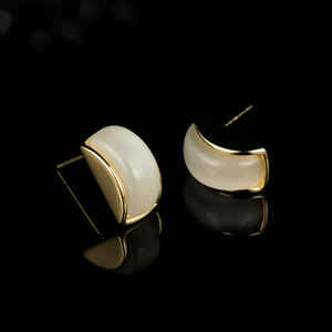 Stylish Minimalist Cat Eye Stone Semi Circular Stud Earrings Gold Plated S925 Silver Needle Geometric Design - Product Image 4
