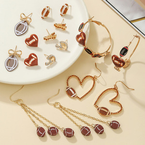 Heart-Shaped Football Stud Earrings With <b>Chain</b> Dangles For Women Sports Fashion Jewelry Set 8-Pair Pack - Product Image 1