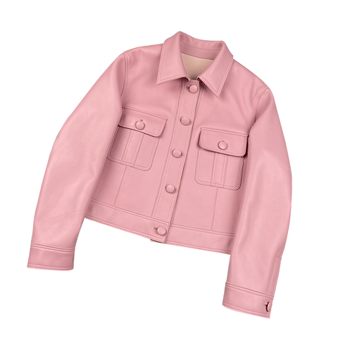 2106 Simple Design Sense Genuine Leather Sheepskin Lapel Motorcycle Leather Jacket for Women