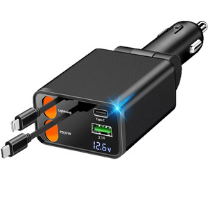 Cargador de coche 30W PD con carga rápida, tipo C, Lightning, USB A, doble puerto, salida de 12V con cable retráctil - Product Image 5