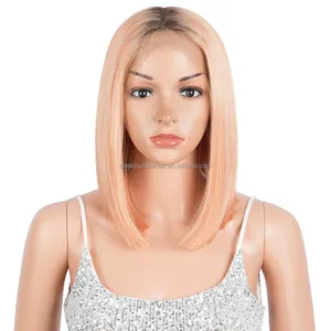 Blond Synthetic Lace Wig Straight Short Bob Ombre Pink Blue Color Middle Part Lace Wigs Heat Resistant For Black Women