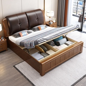 Meubles de chambre à coucher en bois massif de style chinois, lit moderne avec cadre en bois massif, taille reine et king, avec rangement - Product Image 2