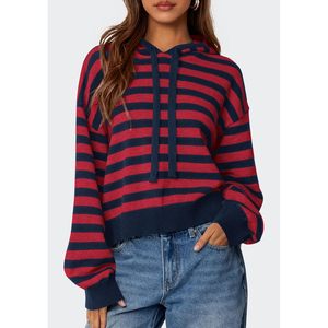 Pull à capuche rayé pour femme, tricoté, à manches longues, décontracté, respirant, pour l'hiver - Product Image 2