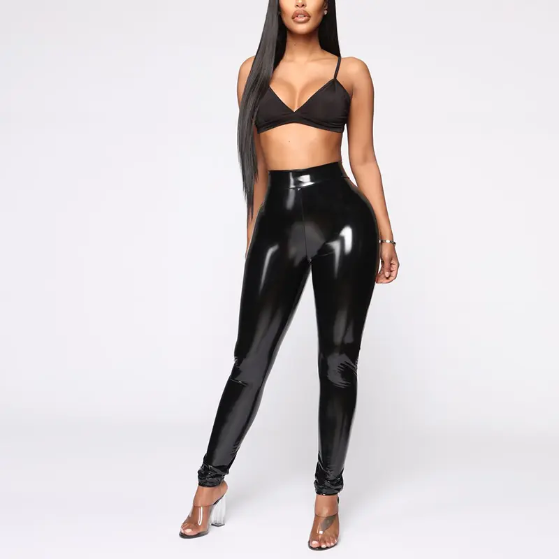 Sexy de alta calidad clásico negro las mujeres leggings de cuero artificial leggings cintura alta mujeres pantalones Casuales