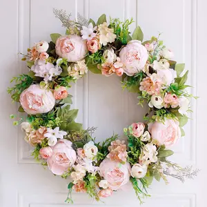 Искусственные пионы, цветочный венок для входной двери, розовые пионы с гортензией, цветочный приветственный дверной венок, фермерский венок