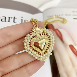Collar de corazón con cuentas Beige de 18K sólido, Collar chapado en oro de 18 quilates, joyería bonita, collar de lujo <span class=keywords><strong>para</strong></span> mujer a la moda - Product Image 5