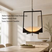 Lustre carré moderne YH en laiton noir avec abat-jour en albâtre naturel, grande lampe suspendue géométrique pour entrée