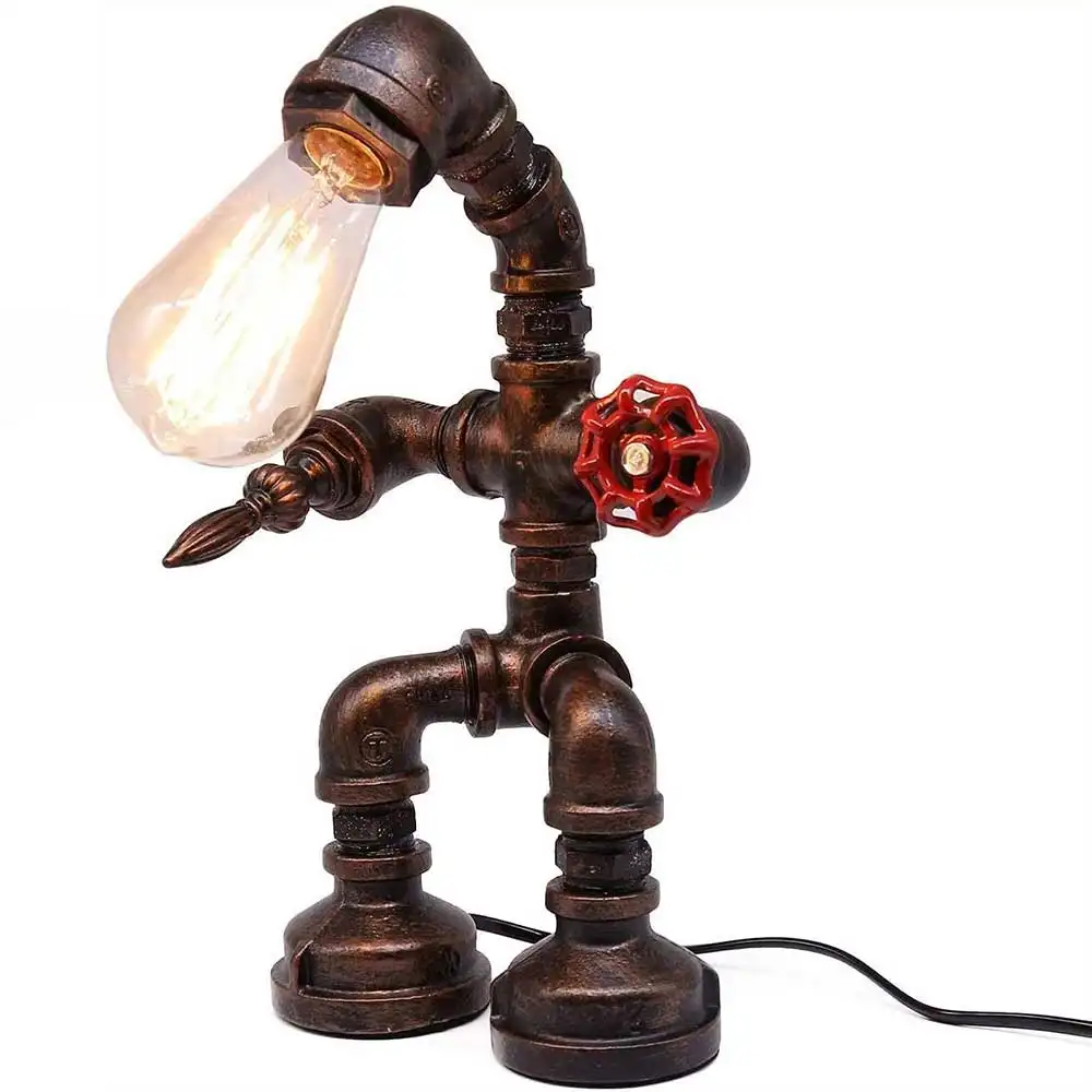 Retro Industrial Steampunk Lamp, Antique Iron Robot Metal Pipe Desk Table Lamp for Room Decor