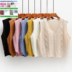 Two piece sweatershirt short loose vest women's knitting new v-neck college style sweater vest trend For Women